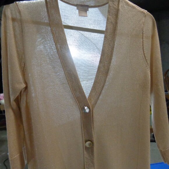 Chico's Size 1 U.S. Size Medium (8) Beige and Gold Button Front Cardigan - Picture 5 of 12